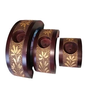 NestingCurved Mango Wood Candleholders Candle Centerpiece/Set Of 3 Floral Carved